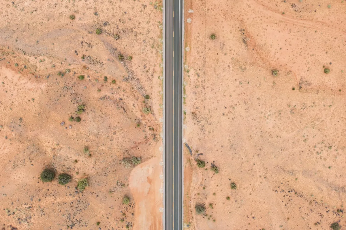 Aerial view of a fault line cutting across a desert landscape in California