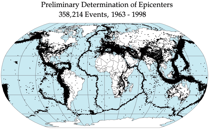 Global earthquake epicenters map 1963-1998