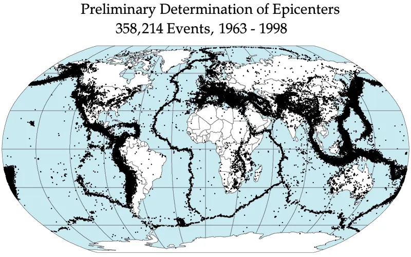 Global earthquake epicenters map 1963-1998