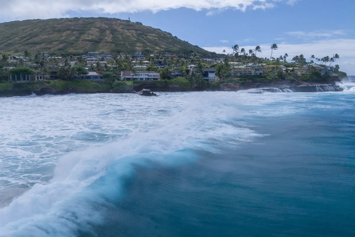 Large tsunami wave approaching a coastline after an offshore earthquake