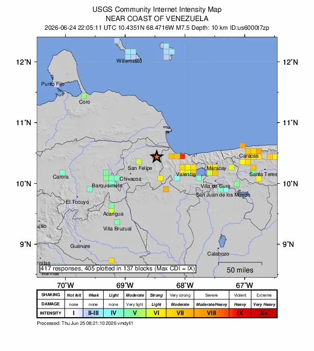 Map of community-reported shaking intensity for the Venezuela M7.5 earthquake