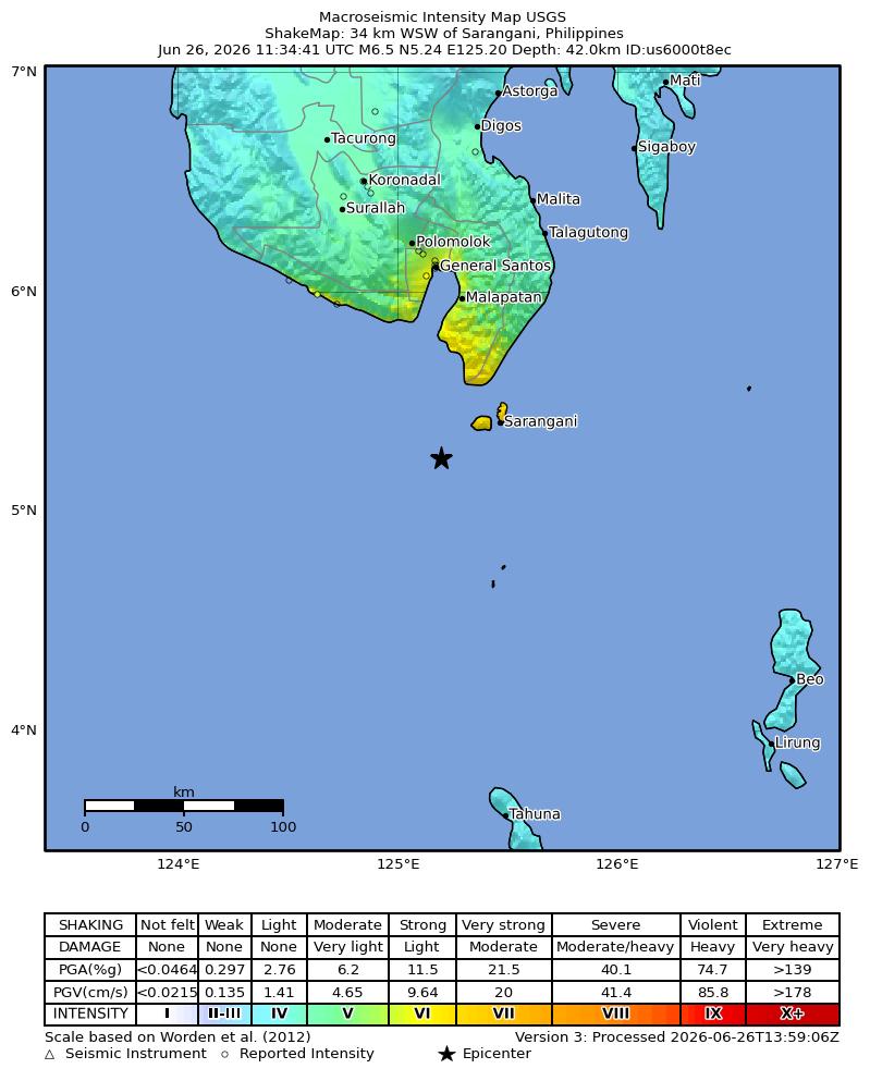 ShakeMap de l'USGS pour le tremblement de terre de magnitude 6,7 près de Sarangani, Philippines