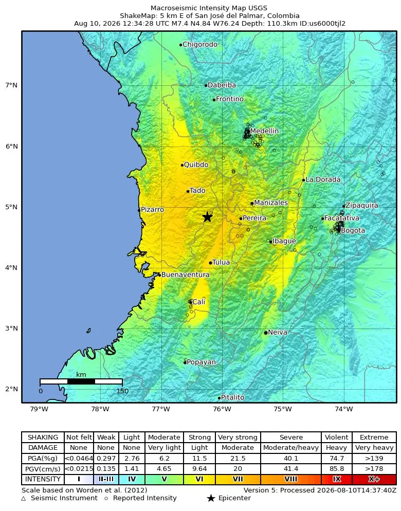 M7.4 5 km S of San Jose del Palmar, Colombia