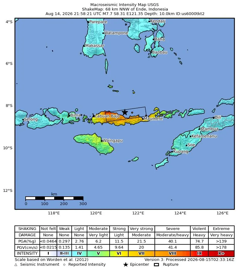 M7.7 68 km NNW of Ende, Indonesia