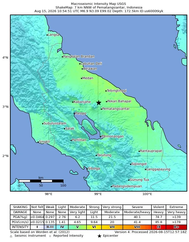 M6.9 15 km NNW of Pematangsiantar, Indonesia