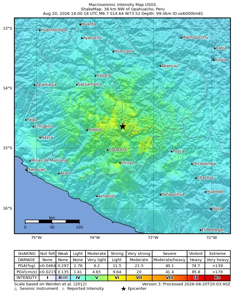 USGS ShakeMap showing intensity for the M6.7 earthquake northwest of Aniso, Peru.