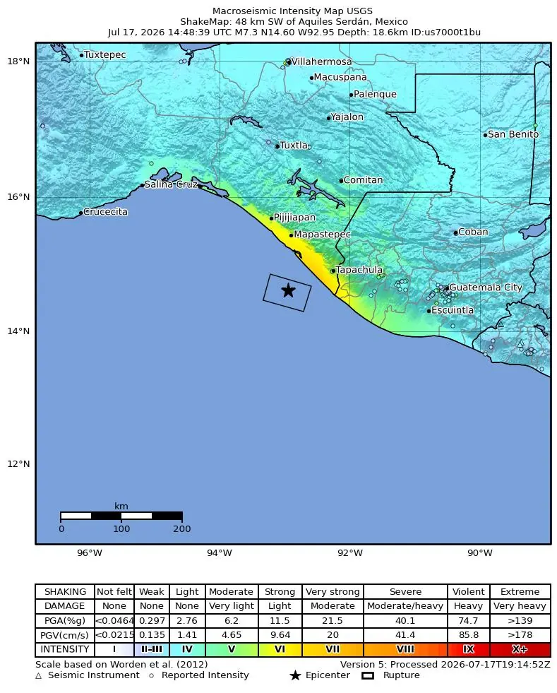 M7.3 58 km WSW of Puerto Madero, Mexico