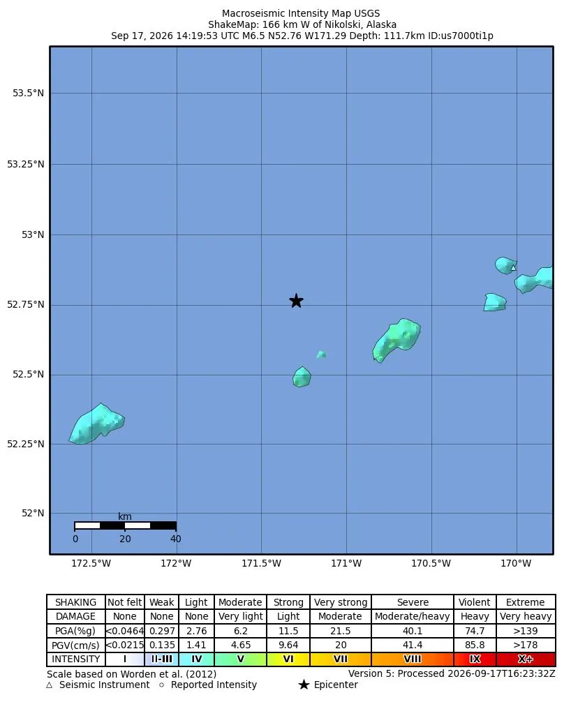 USGS ShakeMap showing intensity for the M6.5 earthquake west of Nikolski, Alaska.